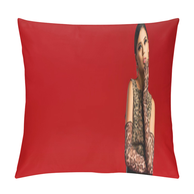 Personality  A Young Woman In A Leopard Print Dress And Gloves Poses Against A Vibrant Red Backdrop. Pillow Covers