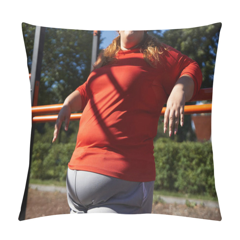 Personality  Empowered Woman Embraces Fitness In A Sunny Park Setting. Pillow Covers