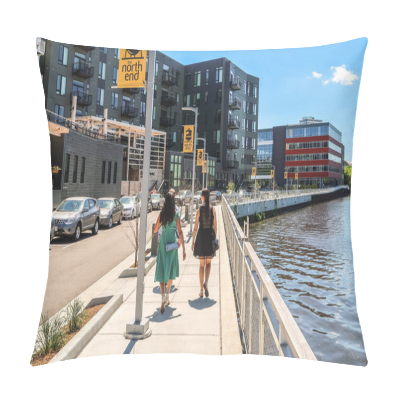 Personality  Milwaukee, Wisconsin - May 26th, 2018:  Pedestrians Enjoy A Stroll Along The Milwaukee River Near The North End Mixed Use Development And Luxury Apartments Along The River Walk On A Warm Spring Day. Pillow Covers