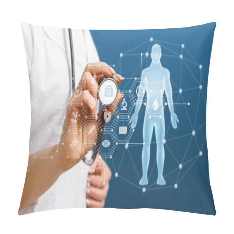 Personality  Doctor Working With Healthcare Icons . Pillow Covers