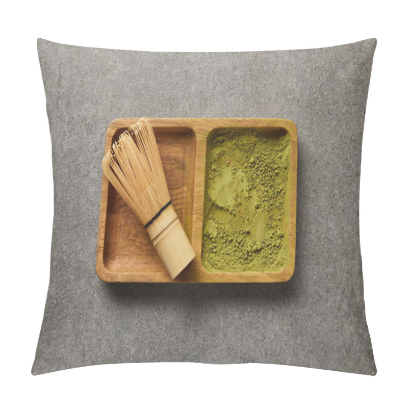 Personality  Top View Of Bamboo Whisk With Matcha Powder In Wooden Bowl On Grey Table Pillow Covers