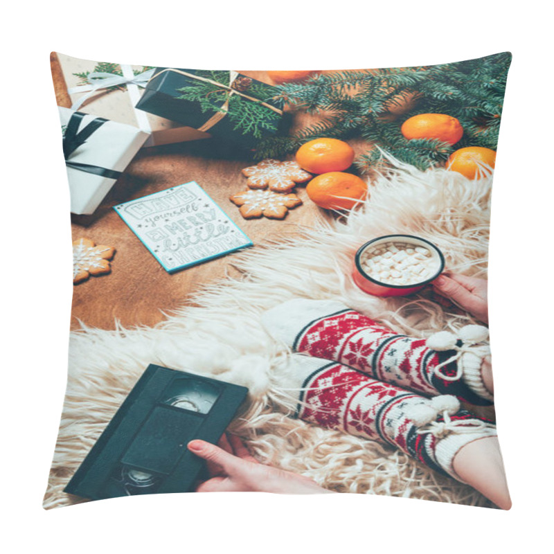 Personality  Partial View Of Woman Holding Cup Of Hot Drink And Video Cassette On Backdrop With Cookies, Tangerines And Christmas Presents Pillow Covers