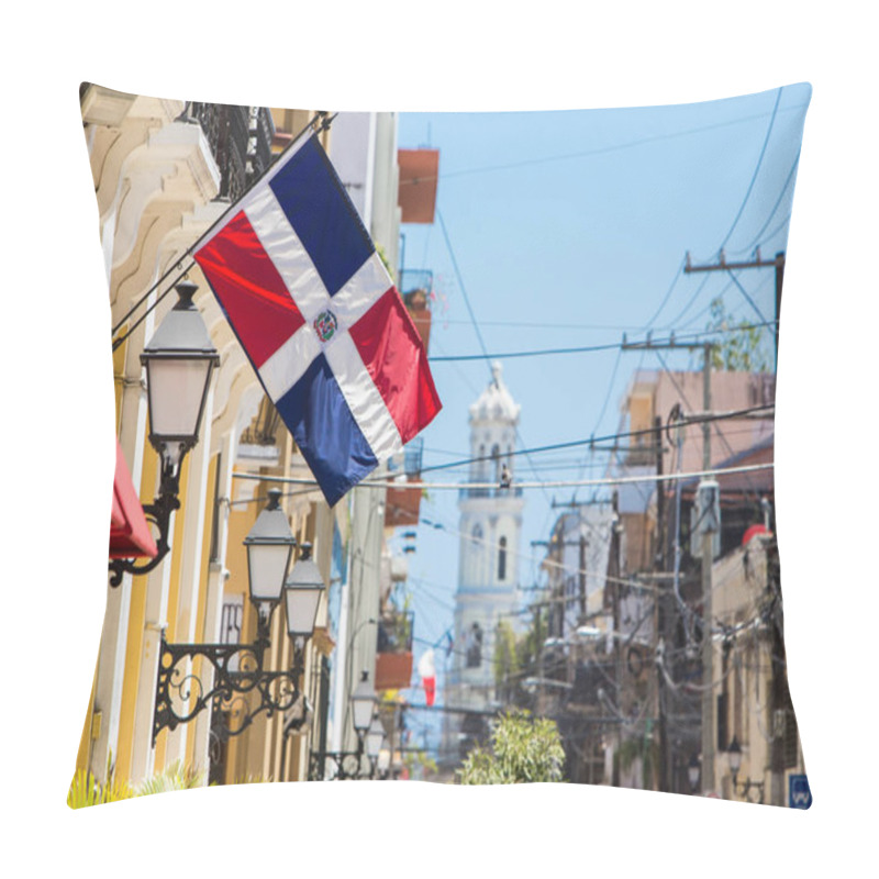 Personality  Arzobispo Merino Street. Santo Domingo. Flag Of The Dominican Republic On The Wall Of A Building In The Colonial Zone Pillow Covers