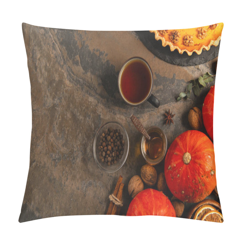 Personality  Warm Tea And Honey Near Aromatic Spices, Ripe Gourds And Delicious Pumpkin Pie, Thanksgiving Treats Pillow Covers