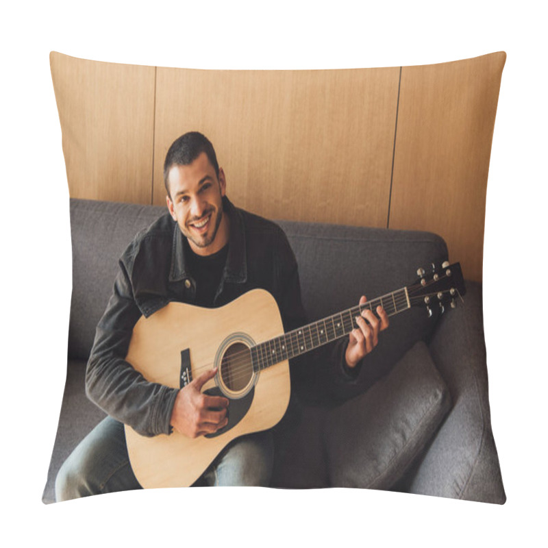 Personality  Happy Bearded Man Playing Acoustic Guitar In Living Room  Pillow Covers