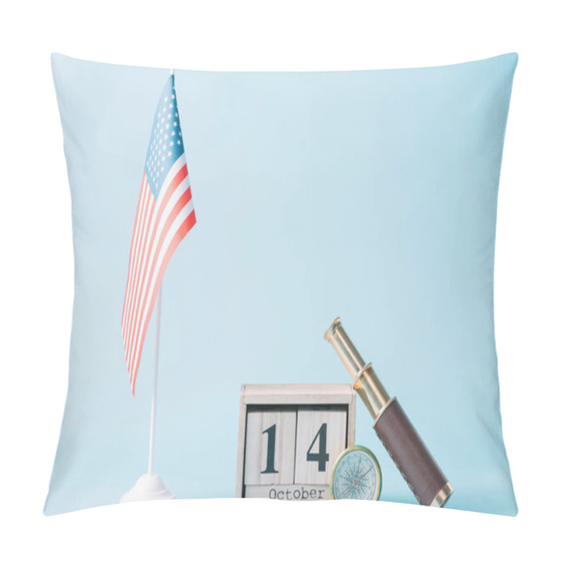 Personality  Wooden Calendar With October 14 Date Near  American Flag, Compass And Telescope On Blue Background  Pillow Covers