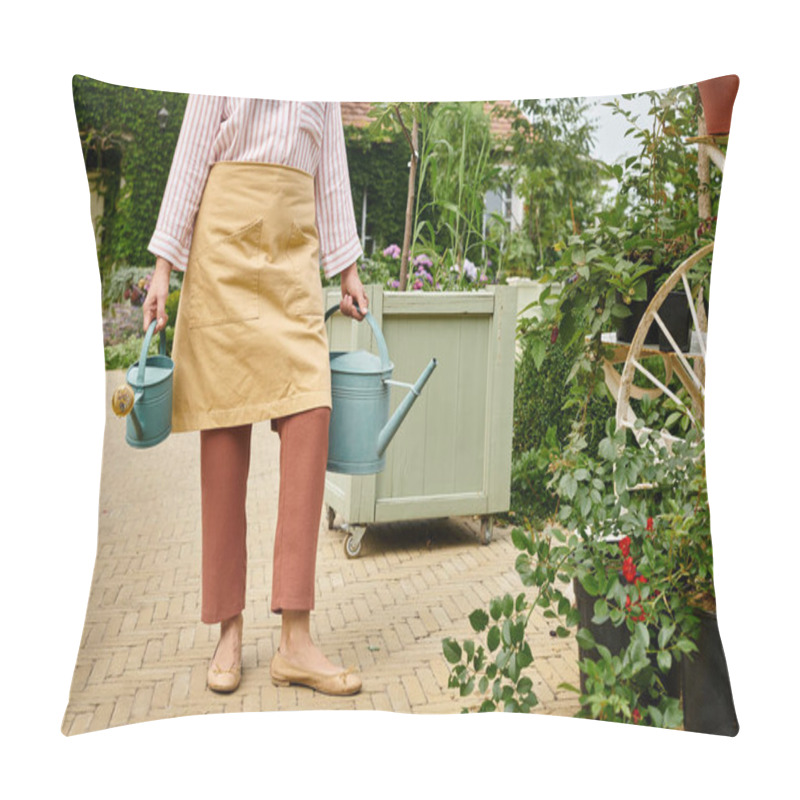 Personality  Cropped View Of Mature Woman Holding Two Watering Cans Near Plants In Front Of Her House In England Pillow Covers