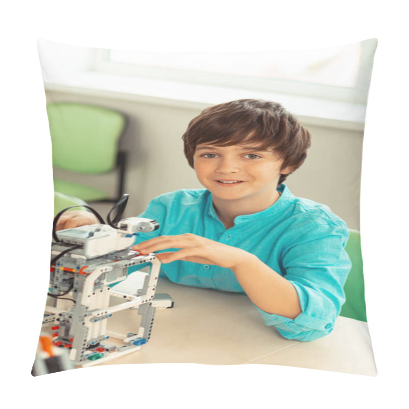 Personality  Cheerful Boy During His Engineering Lesson At School. Pillow Covers