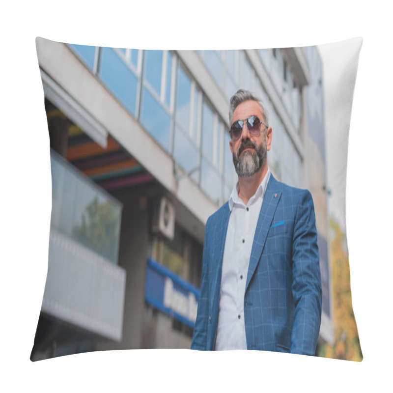 Personality  A Handsome Stylish Business Mature Man Wearing Sunglasses Suit And A White Shirt While Walking In The City Street Near The Urban Building. H Pillow Covers