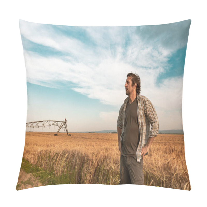 Personality  Worried Farmer In Barley Field On A Windy Day Pillow Covers