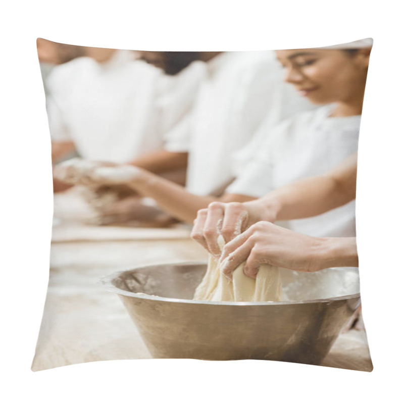 Personality  Cropped Shot Of Group Of Baking Manufacture Workers Kneading Dough Pillow Covers