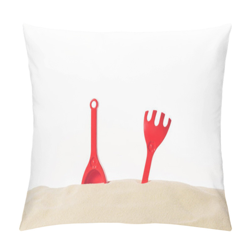 Personality  Red Shovel And Rakes In Sand Isolated On White Pillow Covers