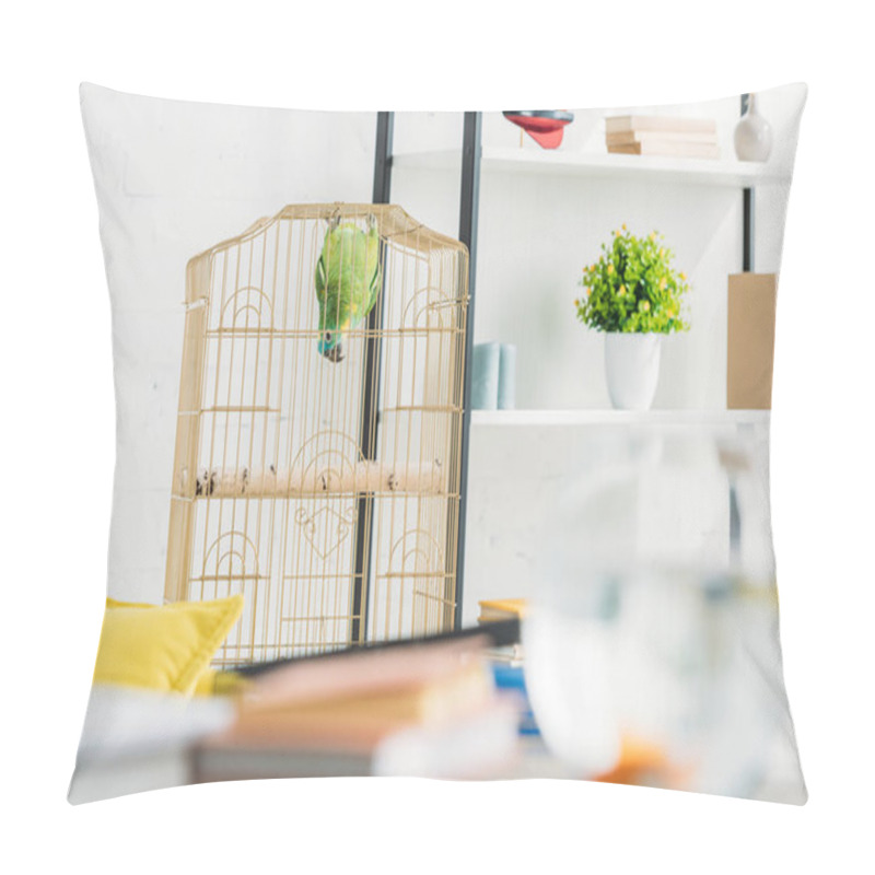 Personality  Selective Focus Of Green Parrot Hanging Head Down In Bird Cage Near Rack Pillow Covers