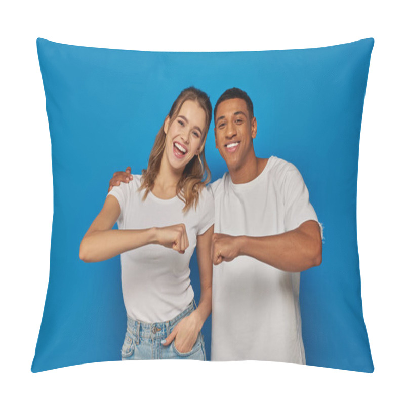 Personality  Happy Interracial Couple Fist Bumping On Blue Backdrop, African American Man And Excited Woman Pillow Covers