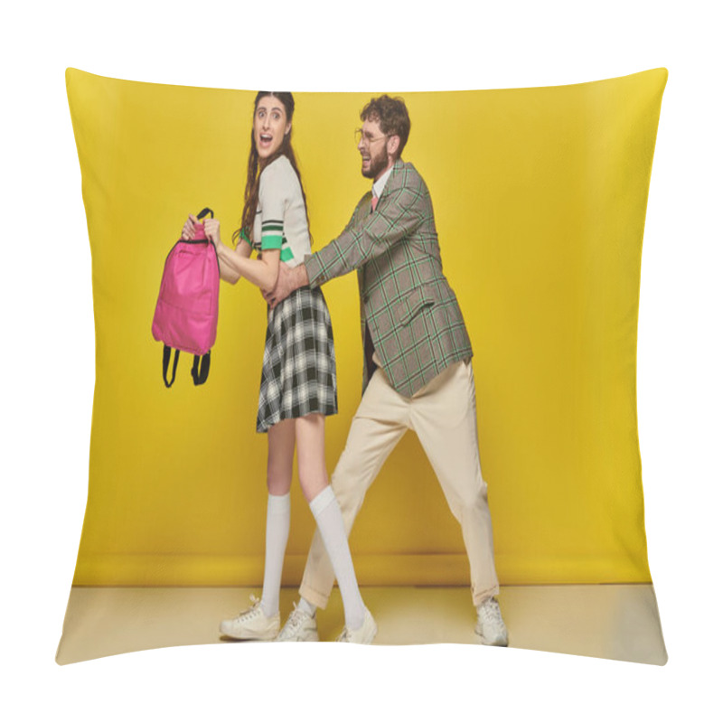 Personality  Funny Students, Playful Man Hugging Waist Of Female Classmate On Yellow Backdrop, College Life Pillow Covers