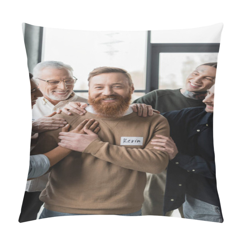 Personality  Positive Multiethnic People Hugging Man During Alcoholics Group Therapy In Rehab Center  Pillow Covers