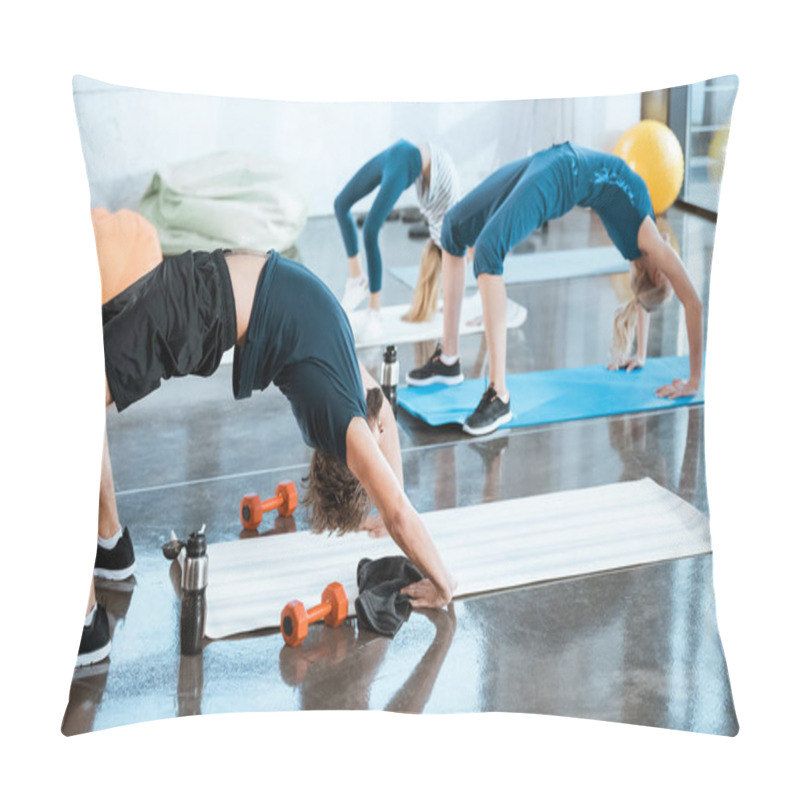 Personality  People Doing Gymnastics, Performing Bridge Pose At Fitness Studio  Pillow Covers