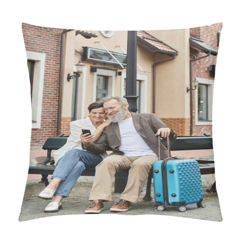 Personality  Senior Couple, Happy Bearded Man Holding Smartphone, Sitting With Woman On Bench, Luggage, Gadget Pillow Covers