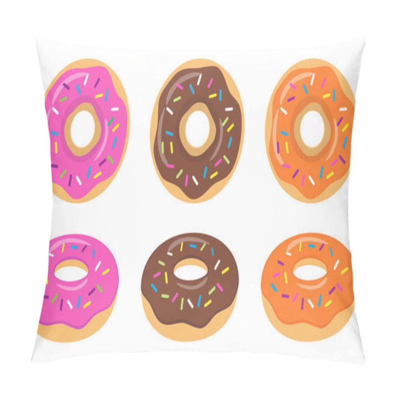 Personality  Colorful Pink, Chocolate, Orange Glazed Donut Set On White Background. The View From The Top And From The Side. Pillow Covers