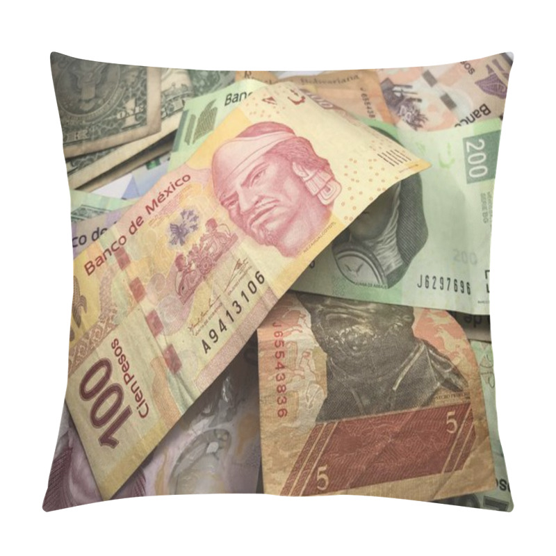 Personality  Many Mixed Mexican Peso Bills Spread Over A Wooden Desk Pillow Covers