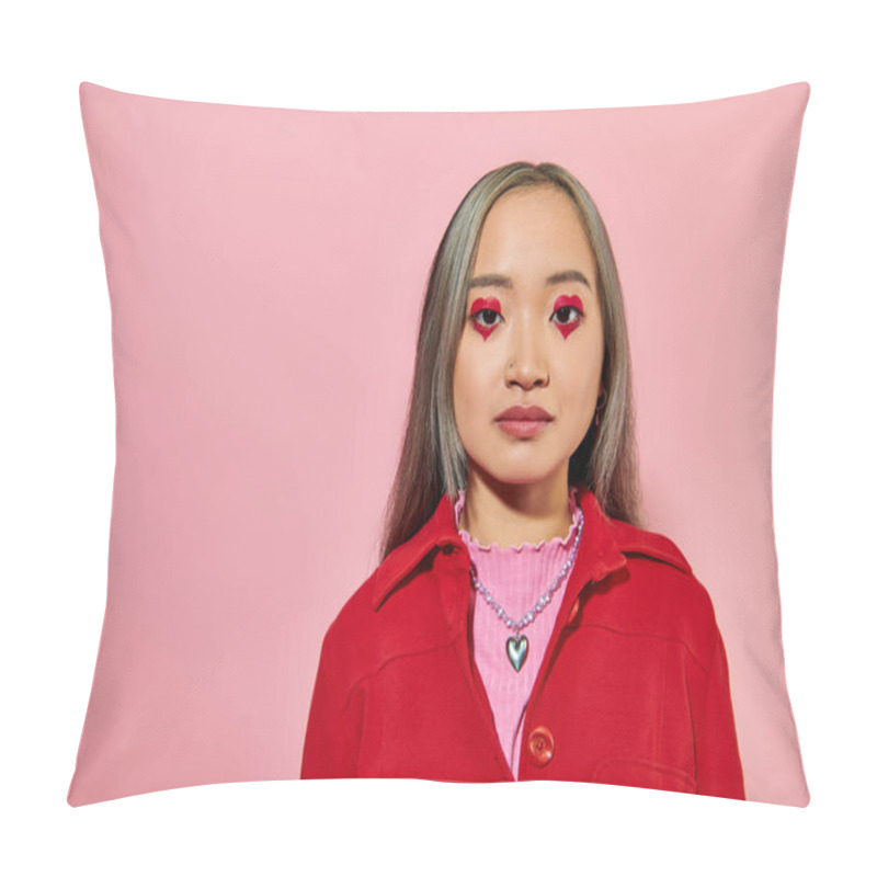 Personality  Portrait Of Young Asian Woman With Heart Shaped Eye Makeup And Dyed Hair Posing On Pink Backdrop Pillow Covers