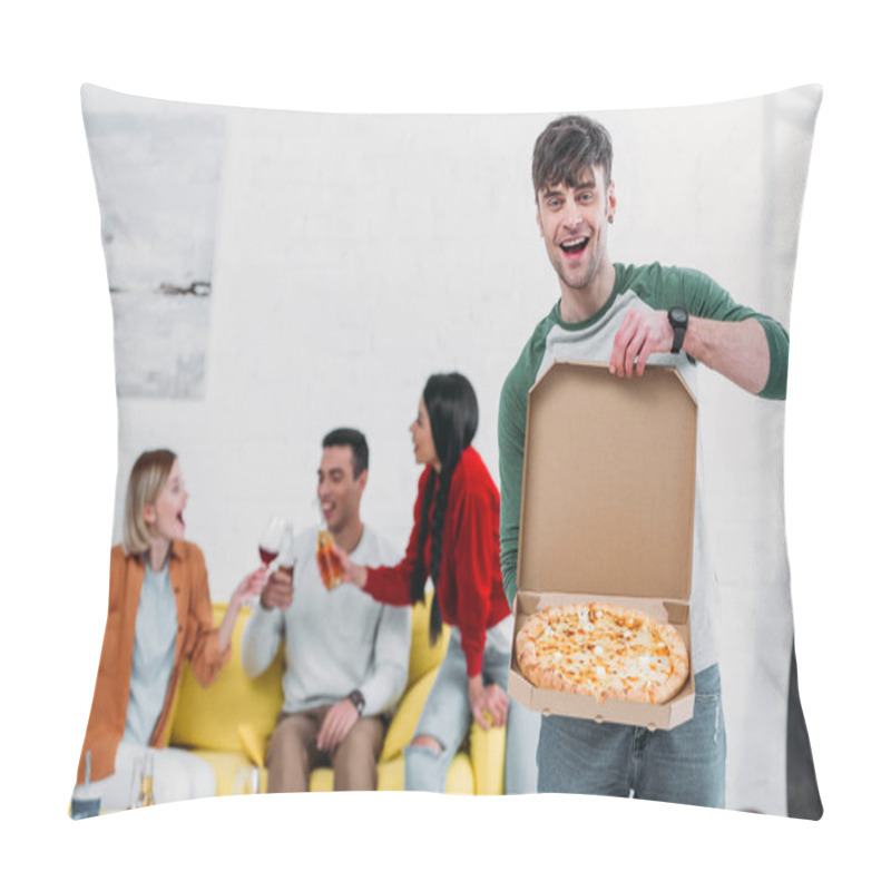 Personality  Handsome Man Showing Unpacked Pizza While Multicultural Friends Enjoying Drinks On Yellow Sofa Pillow Covers