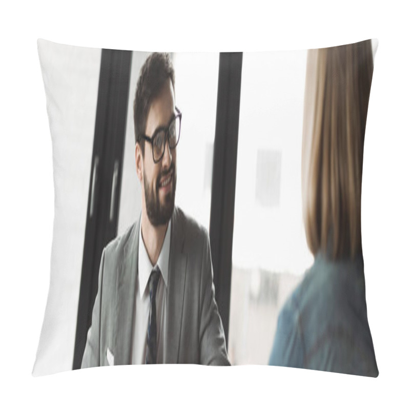 Personality  Positive Businessman In Formal Wear Looking At Blurred Woman During Job Interview In Office, Banner  Pillow Covers