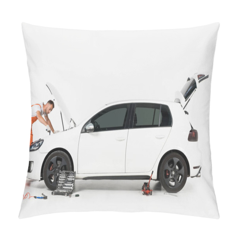 Personality  Handsome Auto Mechanic Repairing Broken Car On White Pillow Covers