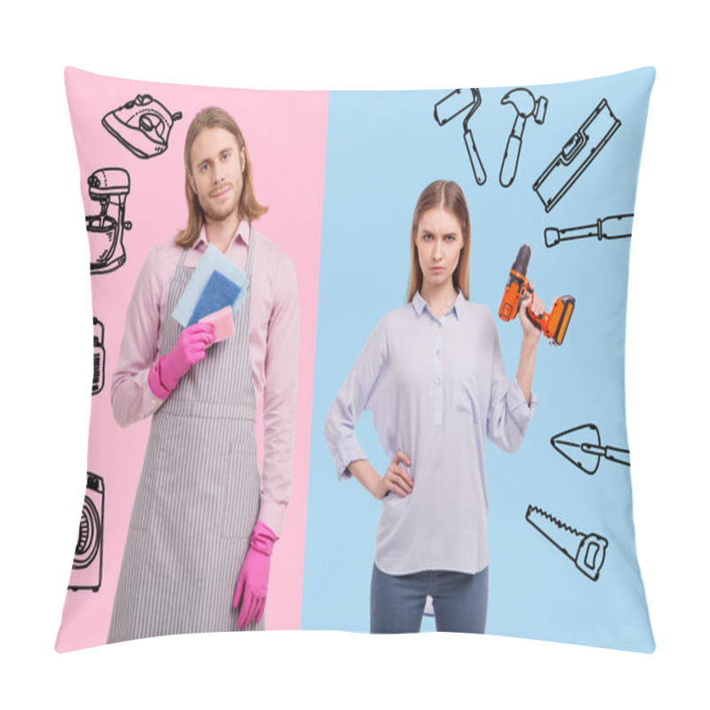 Personality  Unusual Couple Changing Gender Roles And Looking Satisfied With It Pillow Covers