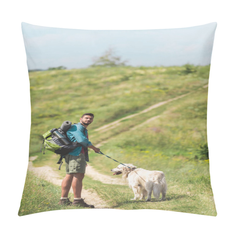 Personality  Traveler Walking With Golden Retriever Dog On Path On Summer Field Pillow Covers