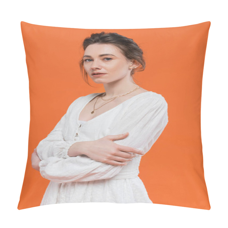 Personality  Summer Trends, Model In Sun Dress Looking At Camera And Standing With Folded Arms On Orange Background, Stylish Posing, Lady In White, Vibrant Background, Fashion, Young Woman  Pillow Covers