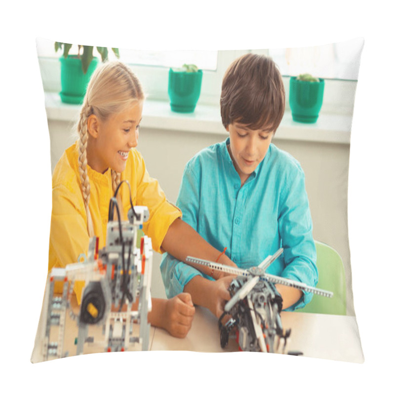 Personality  Cheerful Girl Playing With Construction Helicopter Of Her Classmate. Pillow Covers