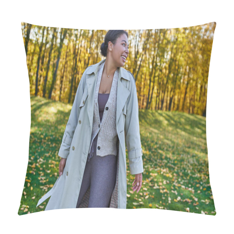 Personality  Cheerful African American Woman In Trench Coat Walking In Autumn Park, Fashion Outfit, Style Pillow Covers