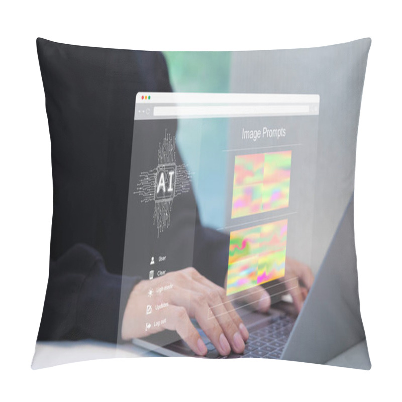 Personality  AI Prompt Image Generator Technology. Use AI Software On Laptop To Generate Images, Futuristic User Interface. Screen With Visual Prompts. Creation Photo By Artificial Intelligence. Graphics Design Pillow Covers