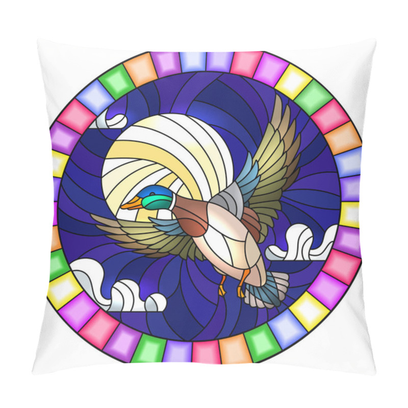 Personality  The Illustration In Stained Glass Style Painting With A Flying Duck On The Background Of Sky, Moon And Clouds, The Oval Image Of The Bright Frame Pillow Covers