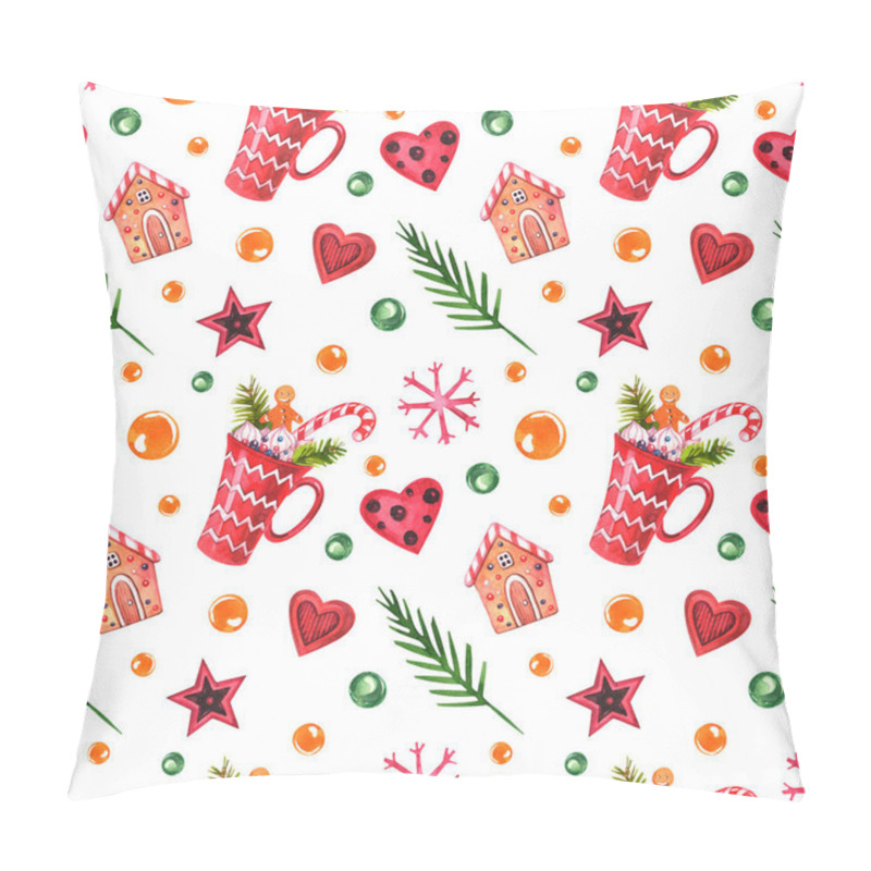 Personality  Watercolor Christmas  Pattern With Red Cup Of Cocoa, Gingerbread House, Stars, Tree Branch, Candys, Red Snowflakes, Red Hearts And Sweets. Pillow Covers