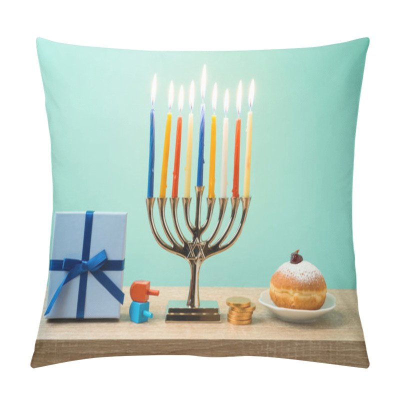 Personality  Jewish Holiday Hanukkah Background With Menorah, Sufganiyot, Gift Box And Spinning Tops On Wooden Table Pillow Covers