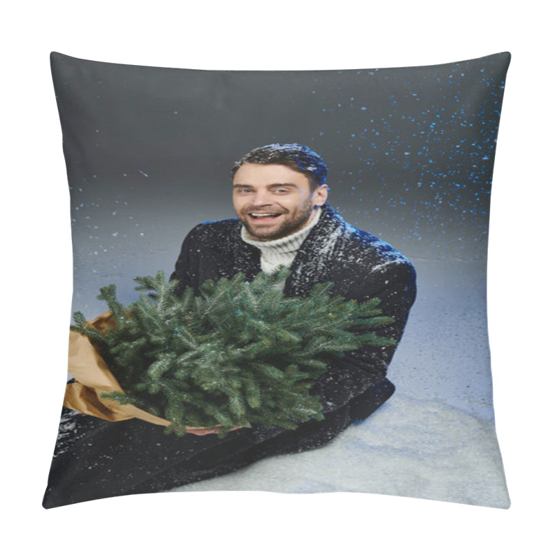 Personality  A Jovial Young Man Embraces A Christmas Tree Surrounded By Falling Snowflakes. Pillow Covers