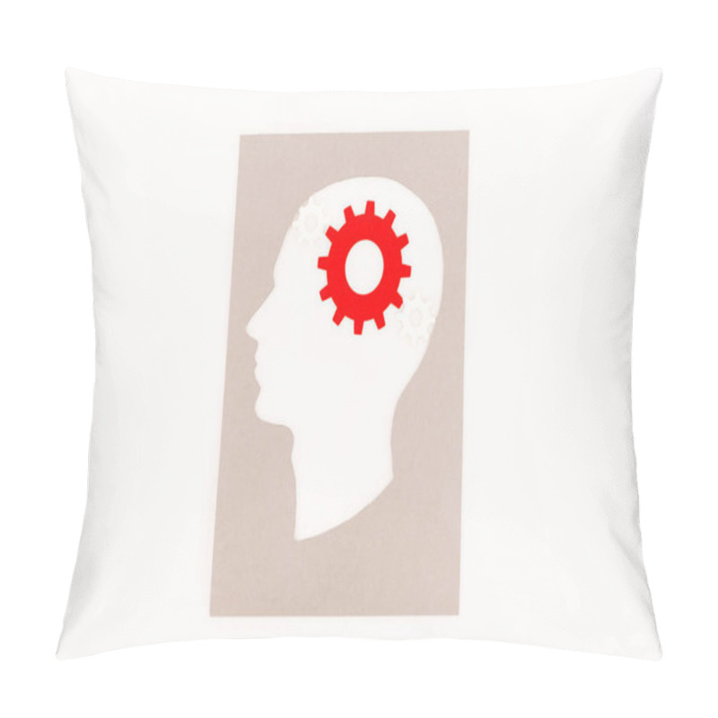 Personality  Top View Of Human Head Silhouette With Red Gear Isolated On White Pillow Covers