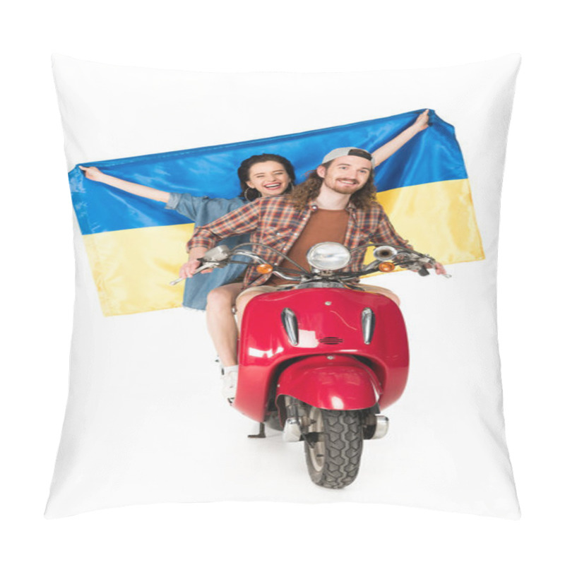 Personality  Full Length View Of Girl Sitting On Red Scooter And Holding Ukranian Flag And Young Man Looking Forward Isolated On White Pillow Covers