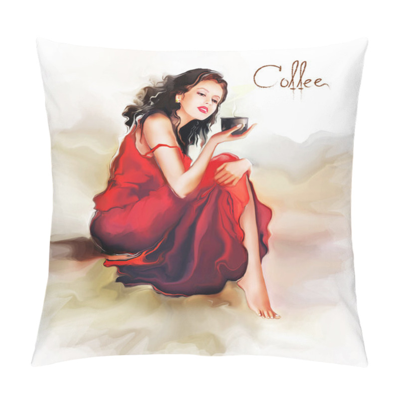 Personality  Woman Holding A Cup Of Coffee Pillow Covers