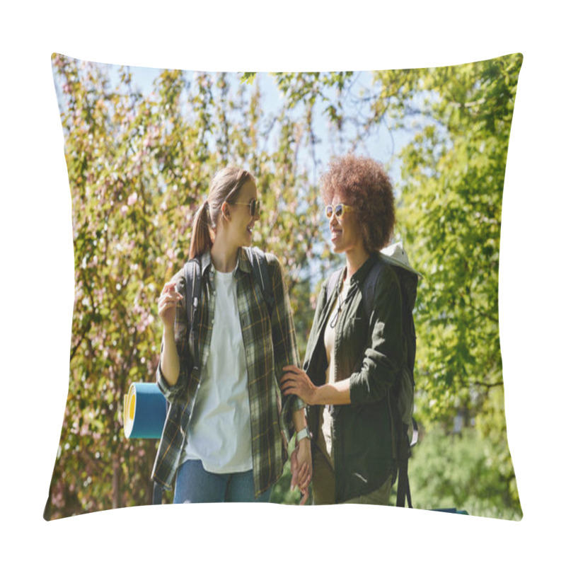 Personality  A Young Lesbian Couple Hikes Through A Forest On A Sunny Spring Day. They Are Both Wearing Backpacks And Smiling At Each Other, Enjoying The Beautiful Scenery. Pillow Covers