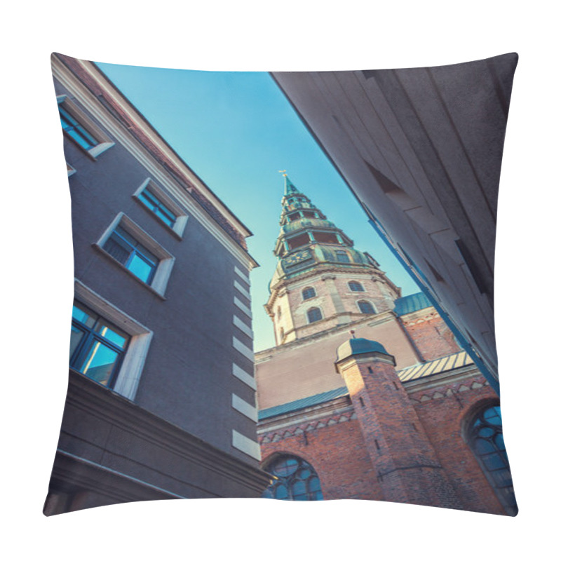 Personality  St Peters Church In Old City Riga, Latvia. View From Narrow Street. Pillow Covers