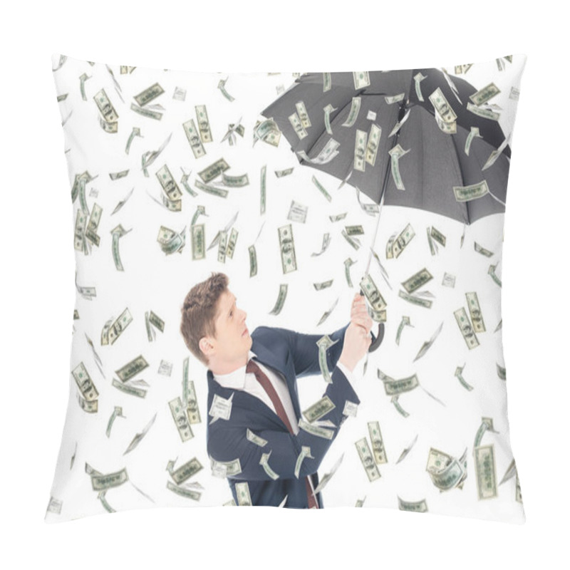 Personality  Successful Businessman In Suit Holding Umbrella Under Money Rain Pillow Covers