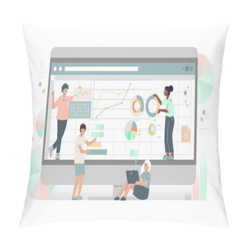 Personality  Office Workers At Screen With Spreadsheet Used For Research Project Management Planning Accounting Analysis Audit Marketing Flat Vector Illustration Pillow Covers