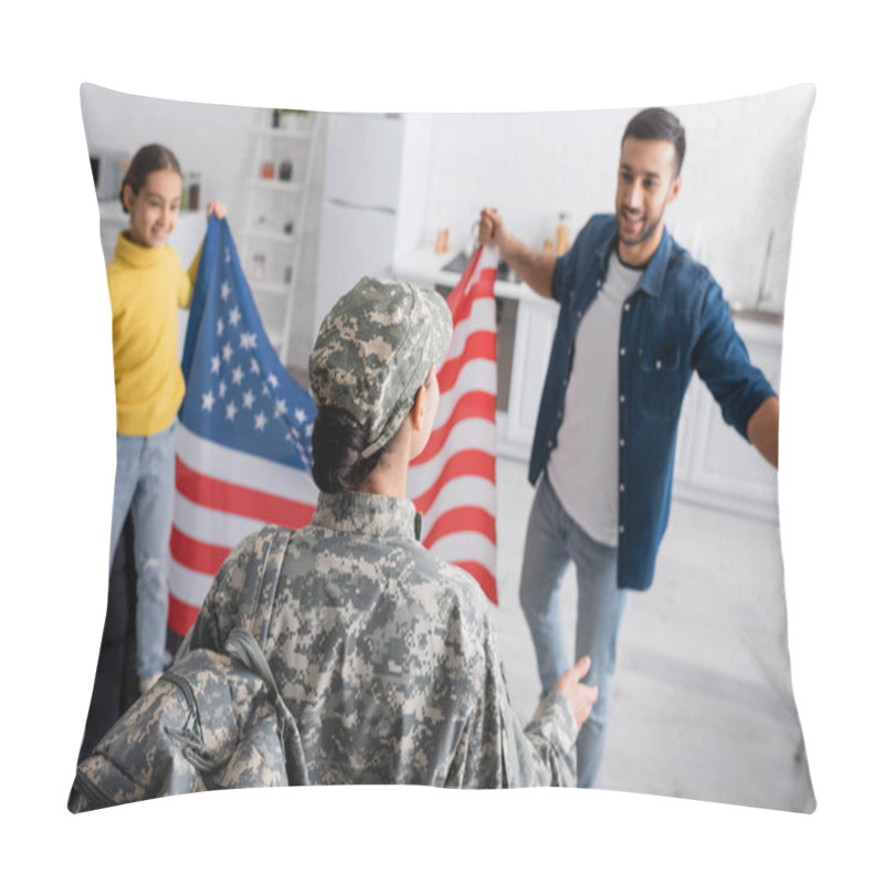 Personality  Woman In Military Uniform Standing Near Blurred Husband And Kid With American Flag At Home  Pillow Covers