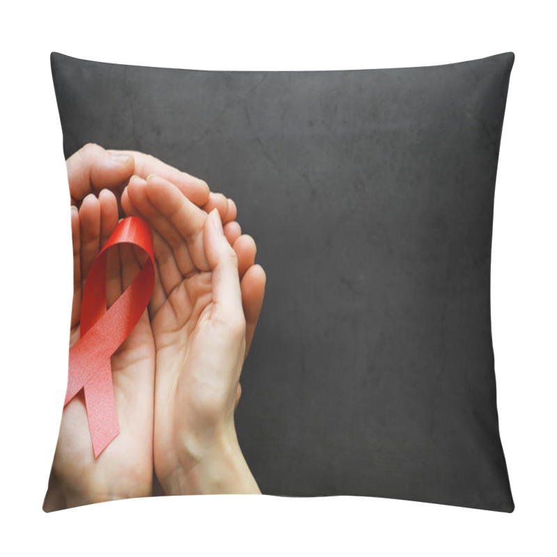 Personality  Symbol Of Human Immunodeficiency Virus Disease. Red Ribbon. A Helping Hand And Support. Background. Pillow Covers