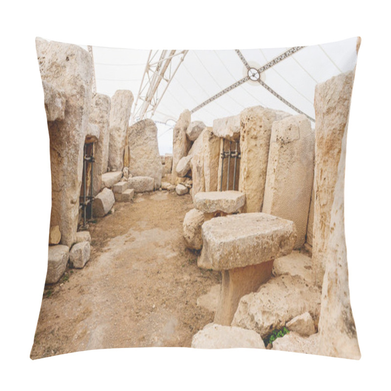 Personality  Mnajdra Temple Within Hagar Qim Megalithic Complex. Qrendi, Malta. UNESCO World Heritage Site. Pillow Covers