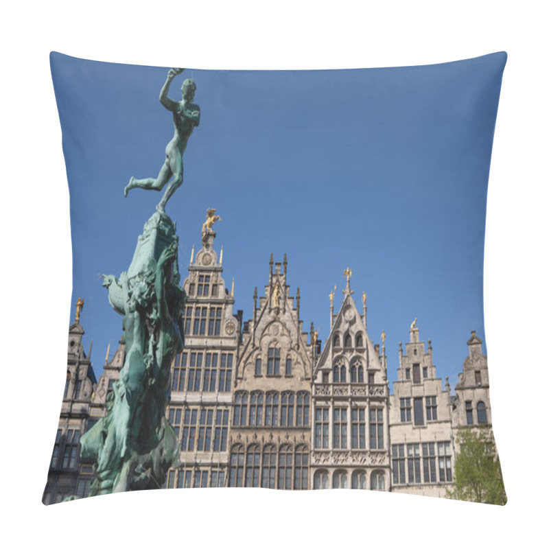 Personality  Antwerp , Belgium - April 9, 2024: Historic Center Of Antwerp: Brab Fountain And City Hall On A Sunny Day Pillow Covers