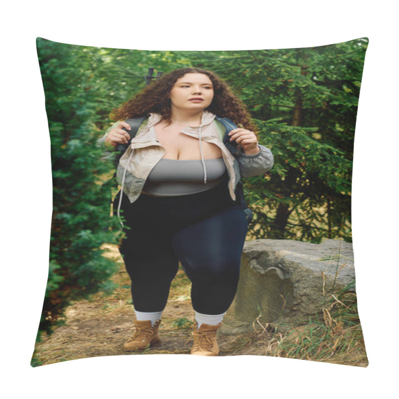 Personality  A Beautiful Plus Size Woman Enjoys A Leisurely Walk Through A Lush, Green Forest, Embracing Nature. Pillow Covers